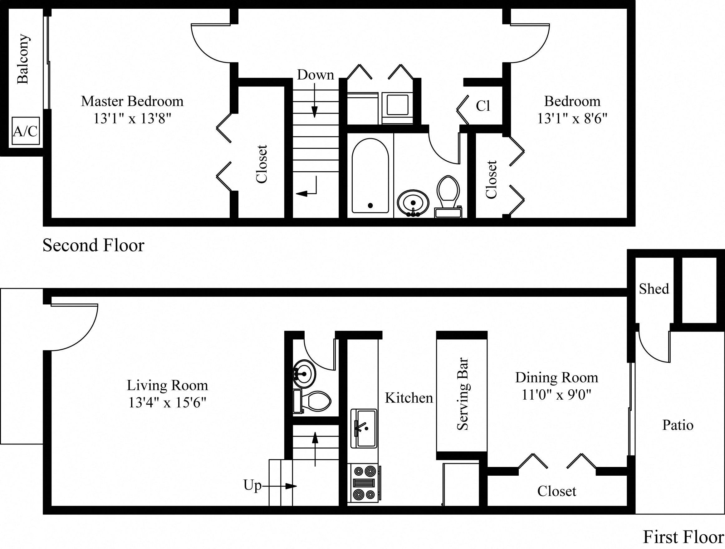 Floor plan for 2 beds, 1.5 baths, 935 sqft